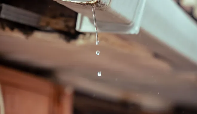 Rainwater draining through a roof gutter