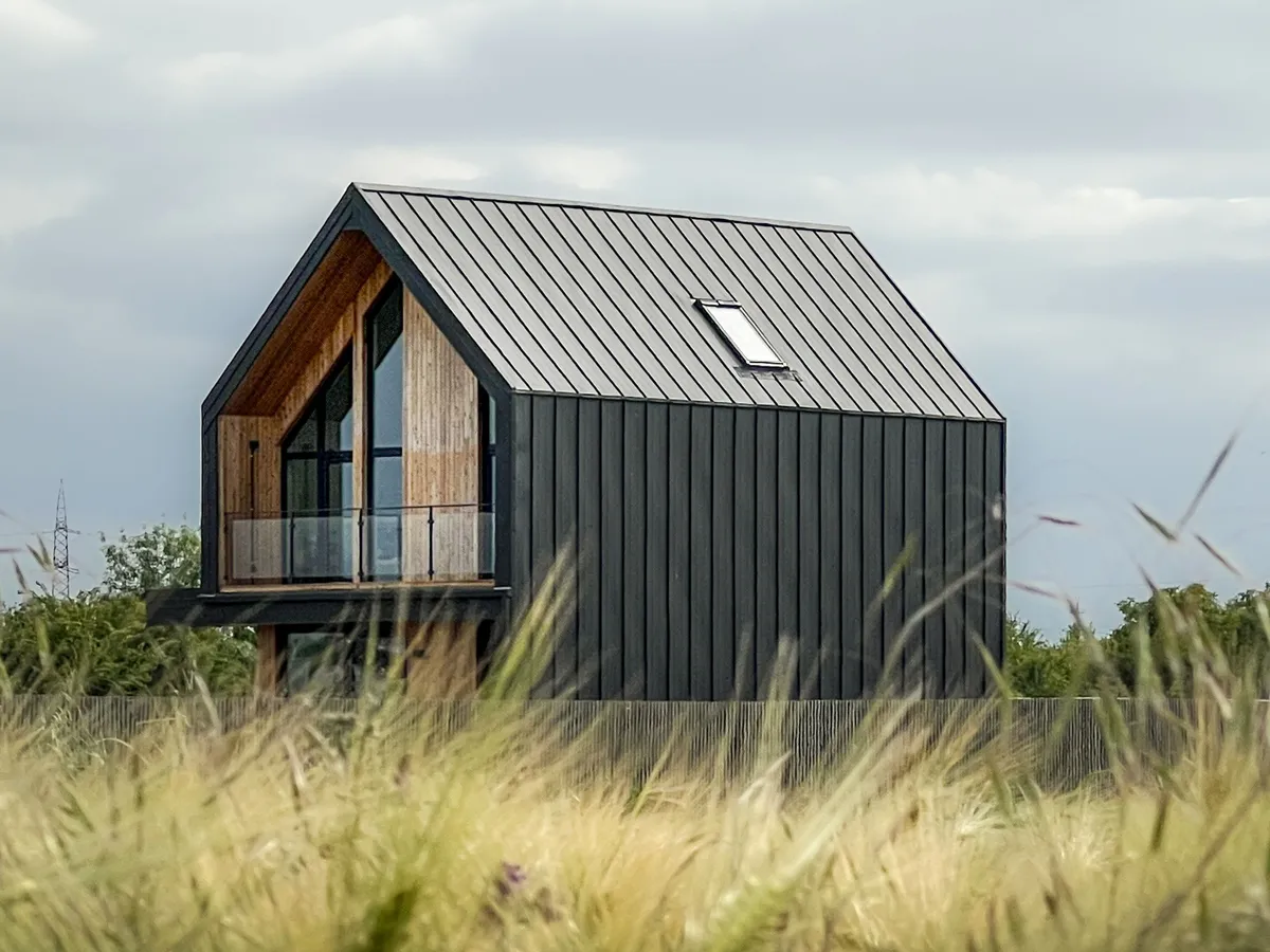 Contemporary A-frame home with a dark standing-seam metal roof in an open field