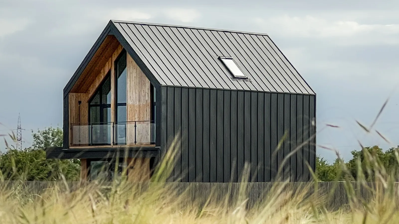 Contemporary A-frame home with a dark standing-seam metal roof in an open field