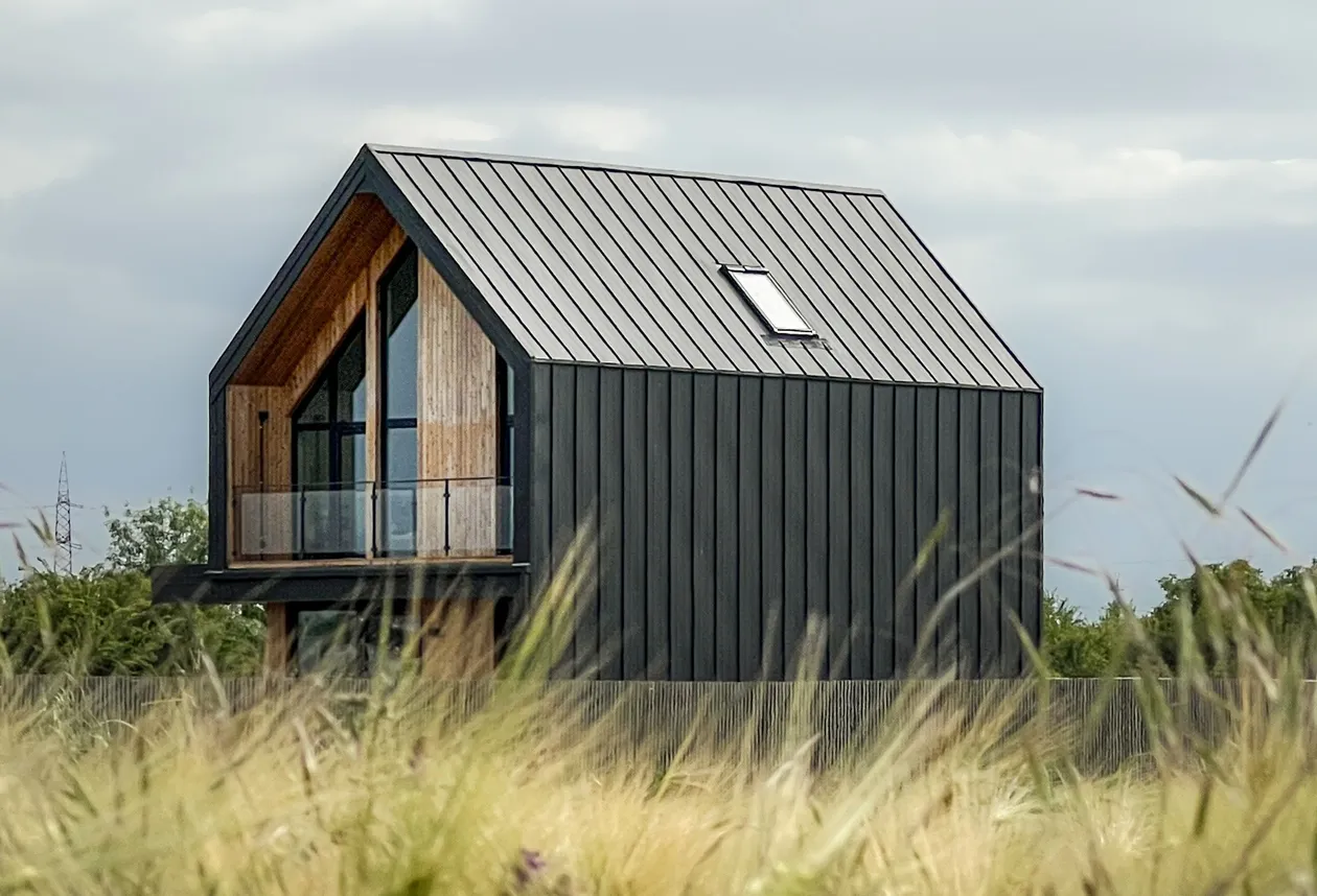 Contemporary A-frame home with a dark standing-seam metal roof in an open field